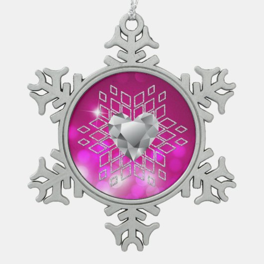 Roze Bokeh Diamond Snowflake & Heart Tin Sneeuwvlok Ornament (Voorkant)
