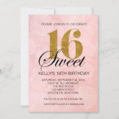 Roze Bokeh Lights Sweet 16 Gold Glitter Invitation Kaart (Voorkant)