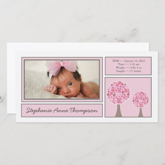 Roze Bomen Baby Meisje Geboorteaankondiging PhotoC Aankondiging (Voorkant / Achterkant)