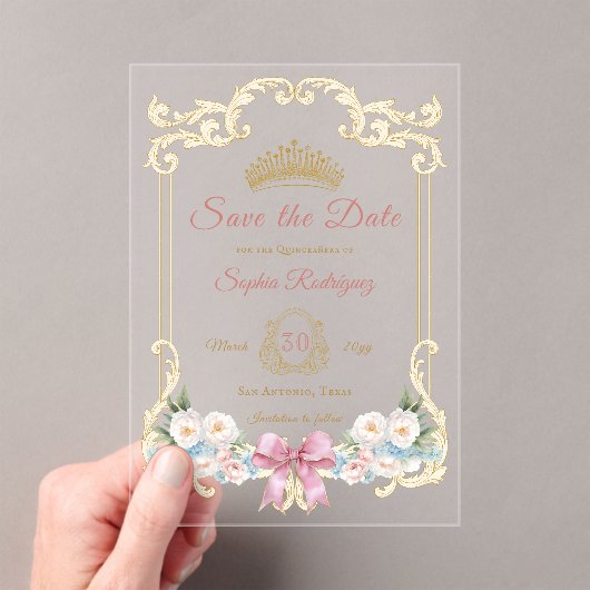 Roze Boog Bloemen Quinceanera Save the Date Acryl Uitnodigingen (Insitu (Draagbaar))