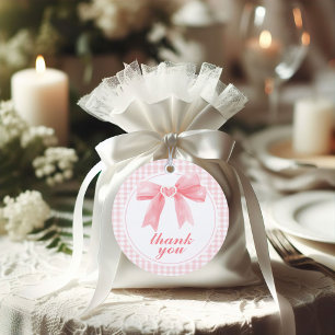Roze boog en gingham preppy baby shower bedankjes labels
