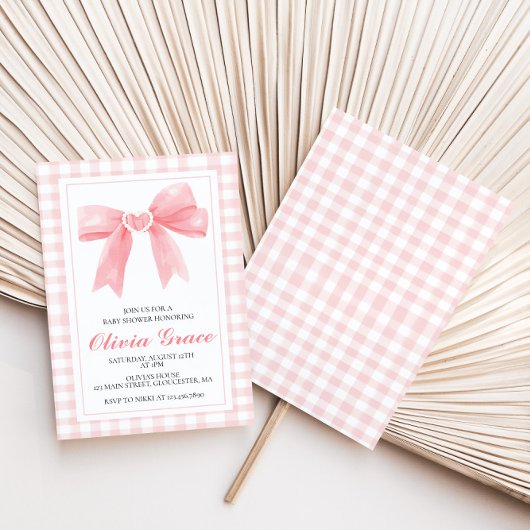 Roze boog en gingham preppy baby shower kaart