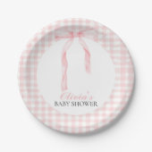 Roze boog en gingham preppy baby shower papieren bordje (Voorkant)