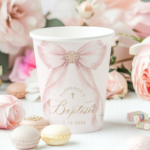 Roze Boog Gouden Kruis Doopfeest Papieren Bekers