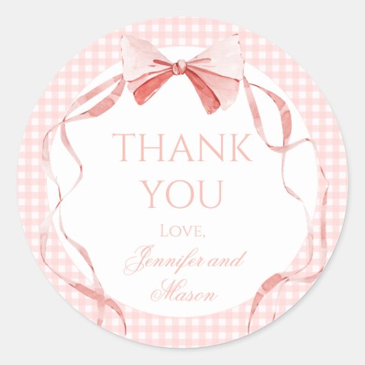 Roze boog lint gingham baby shower dank u ronde sticker (Voorkant)