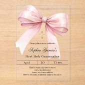 Roze boog meisje duidelijk Eerste Communie Acryl Uitnodigingen (Voorkant)