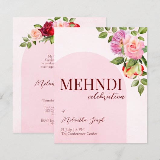 Roze boog met rozen budget, uitnodiging (Voorkant / Achterkant)