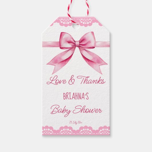 Roze boog retro kant baby shower dank u gunst cadeaulabel (Voorkant)