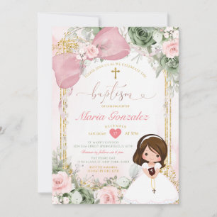 Roze Boog & Salie Groene Bloemen Meisje Doopfeest Kaart