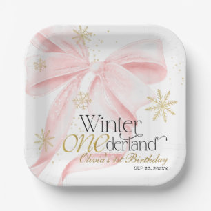 Roze Boog Winter Onederland 1e Verjaardag Papieren Bordje