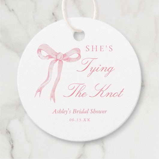 Roze boog Ze bindt de knoop Vrijgezellenfeest Bedankjes Labels (Voorkant)