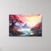 Roze Boom Serenity Berglandschap met Rivier Canvas Afdruk (Voorkant)