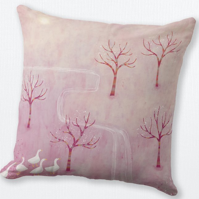 Roze boomgaard met ganzenlandschap schilderij kussen (Geese in the Orchard pink landscape art throw pillow)