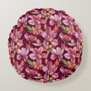 Roze boomgaarden in de Waterverf - Cranberry Backg Rond Kussen