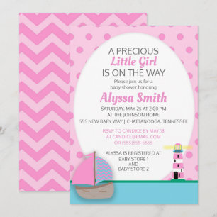 Roze boot en vuurtoren, Babymeisje, uitgenodigd Kaart