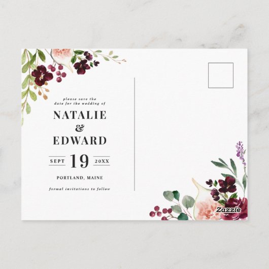 Roze, bordeaux en vijgenbloesem bewaren de datum briefkaart (Achterkant)