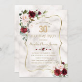 Roze bordeauxrode bloemen Gouden Marmer 30e verjaa Kaart (Voorkant / Achterkant)