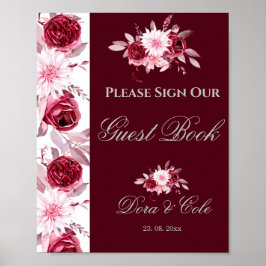 Roze-bordeauxrode trouwgastboekposter met bloemen poster
