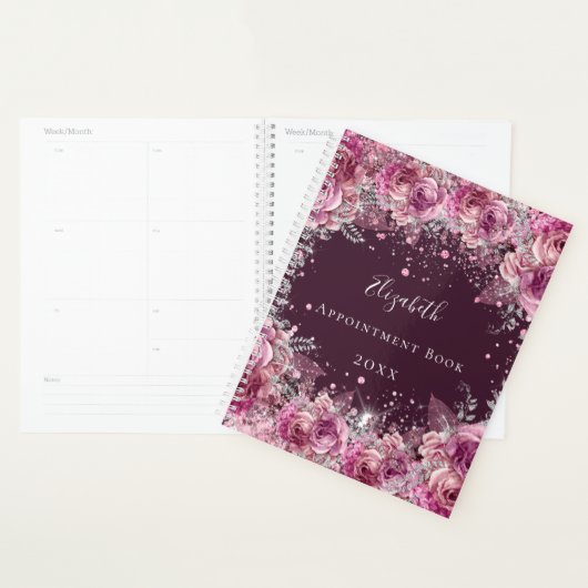 Roze bordeauxrood bloemenglitter naam planner (Display)
