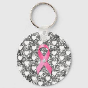 Roze borstkanker lint zilveren glitter-blik sleutelhanger