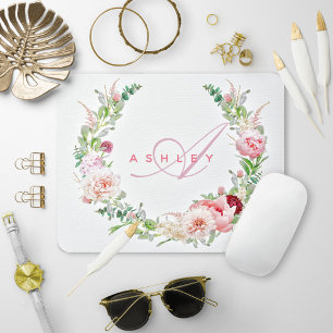 Roze botanisch Roos & Peony Wreatname Monogram Muismat