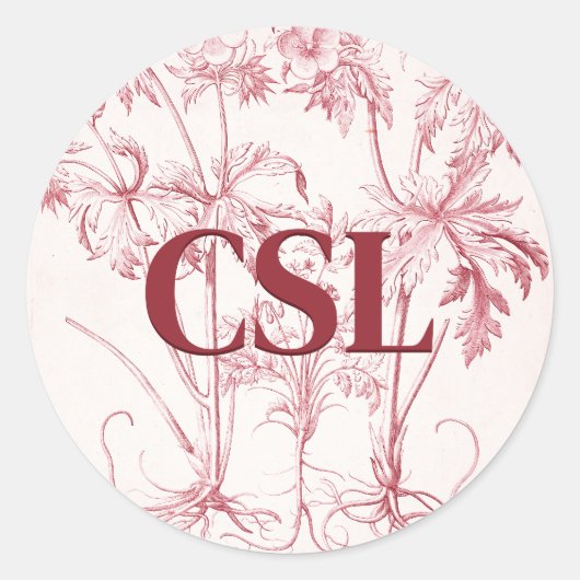 Roze Botanische Kunst Monogram Ronde Sticker (Voorkant)