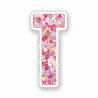 Roze Botanische Monogram Bloem Letter T Initiaal Sticker