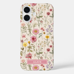Roze Botanische Waterverf Bloemnaam iPhone 16 Hoesje