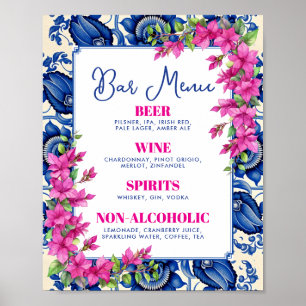 Roze Bougainvillea Blauwe Tegeltjes Bar Bord Poster
