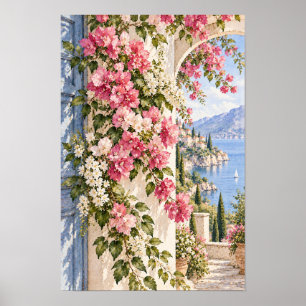 Roze Bougainvillea Merenzijde Boogvormige Muurkuns Poster