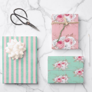 Roze Bouquet en Matching Stripes Inpakpapier Vel