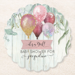 Roze Bourgogne ballon Wood Rustic Baby Girl Shower Kartonnen Onderzetters