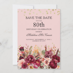 Roze Bourgogne Bloem Goud Glitter 80ste Verjaardag Save The Date