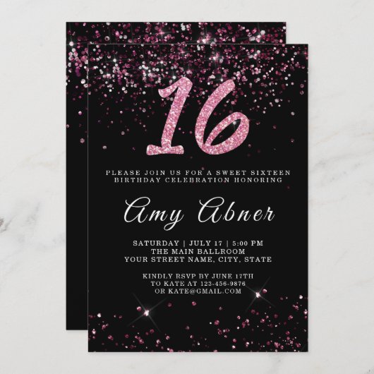 Roze Bourgogne Glitter Sparkles 16 Birthday Kaart (Voorkant / Achterkant)