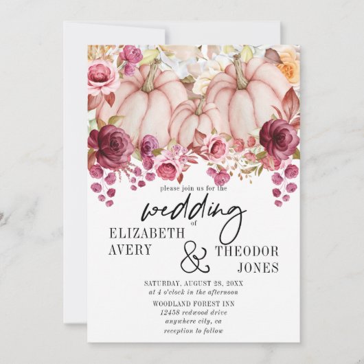 Roze Bourgogne herfst bruiloft pompoen bloemen Kaart (Voorkant)