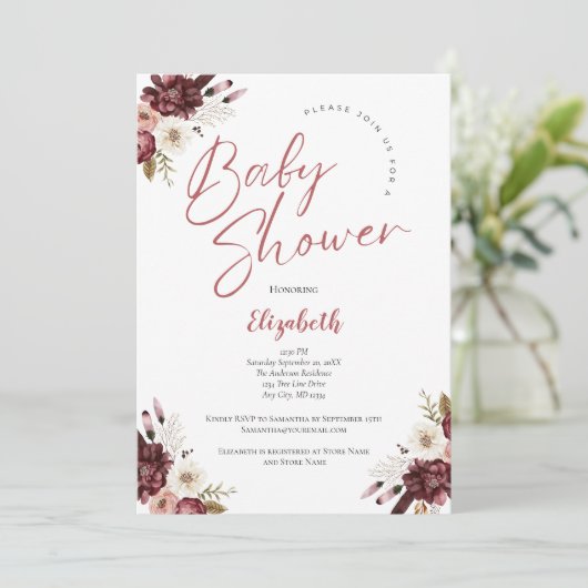 Roze Bourgogne Waterverf Bloemen Baby shower Kaart (Staand voorkant)