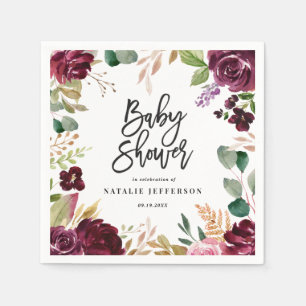 Roze, Bourgogne, + waterverf flora en script Servet