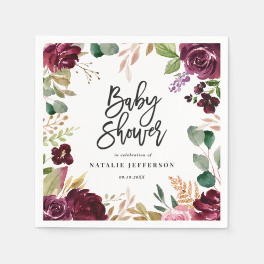 Roze, Bourgogne, + waterverf flora en script Servet (Voorkant)