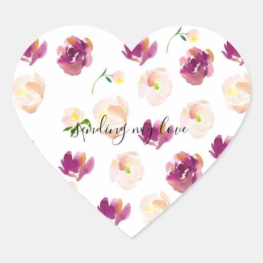 Roze Bourgogne Waterverf Floral Hart Sticker (Voorkant)