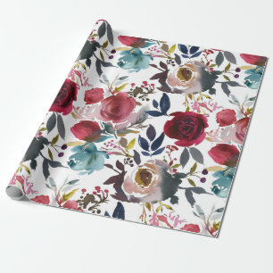 Roze Bourgogne Wijn Waterverf Bloemen Cadeaupapier
