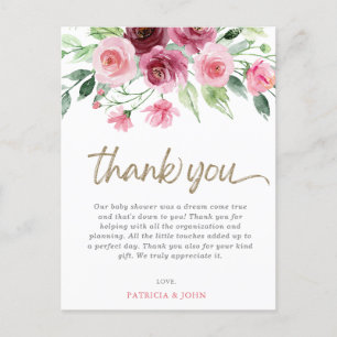 Roze Bourgondië Floral Meisje Baby shower Dank u Briefkaart