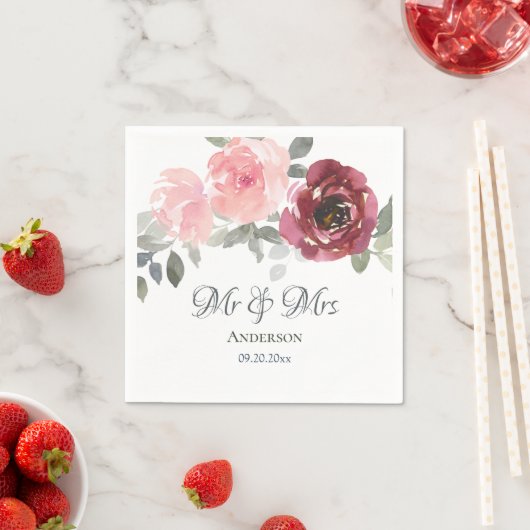 Roze Bourgondië Grijs Bloemen Mr. & Mrs. Wedding Servet (Insitu)
