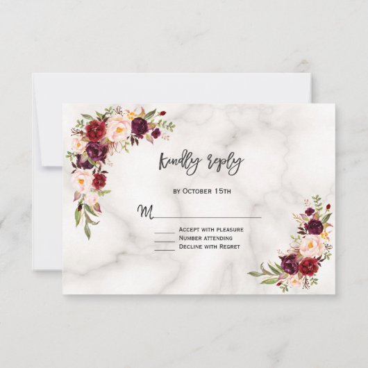 Roze Bourgondierse Marsala Bloem Goud Marmer Trouw RSVP Kaartje (Achterkant)