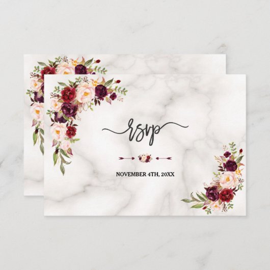 Roze Bourgondierse Marsala Bloem Goud Marmer Trouw RSVP Kaartje (Voorkant / Achterkant)