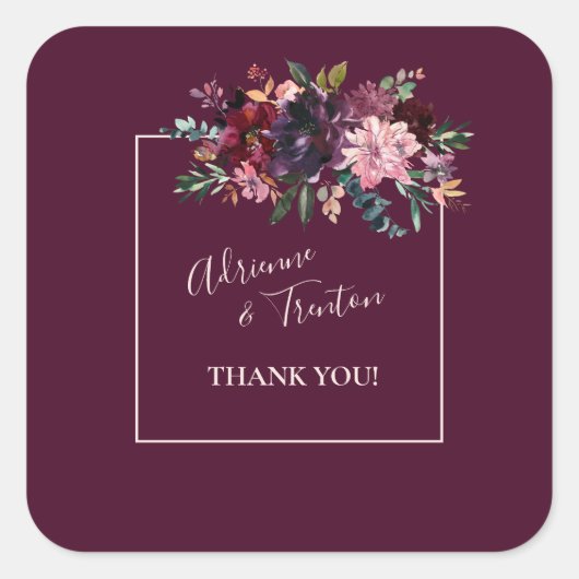 Roze & Bourgondische Floral Wedding Dank u Vierkante Sticker (Voorkant)