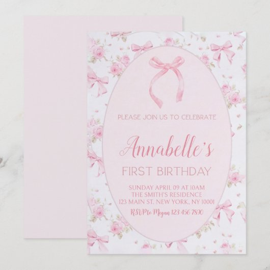 Roze Bow 1e verjaardag uitnodiging, Bloemen Roze B Kaart (Voorkant / Achterkant)