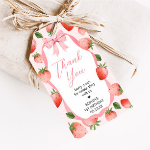 Roze Bow Aardbei Berry Eerste Verjaardag Favoriet Cadeaulabel