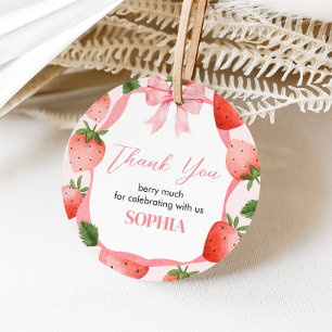 Roze Bow Aardbei Berry Eerste Verjaardag Ronde Bedankjes Labels