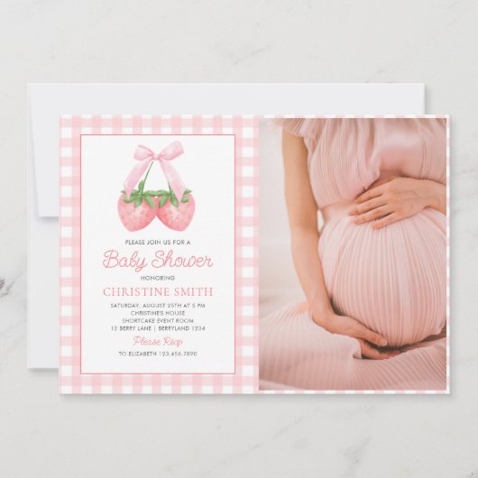 Roze Bow Aardbei Meisje Baby shower Foto Kaart (Voorkant)