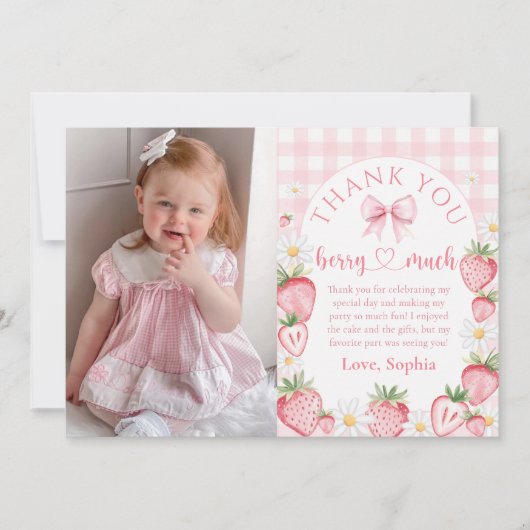 Roze Bow Aardbei Verjaardagsfoto Dank u kaart (Voorkant)